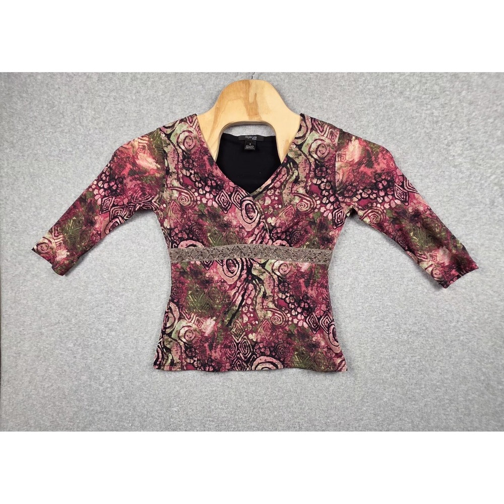 Style&co. Blouse Womens Petite Small Pink Crochet V Neck 3/4 Sleeve Top